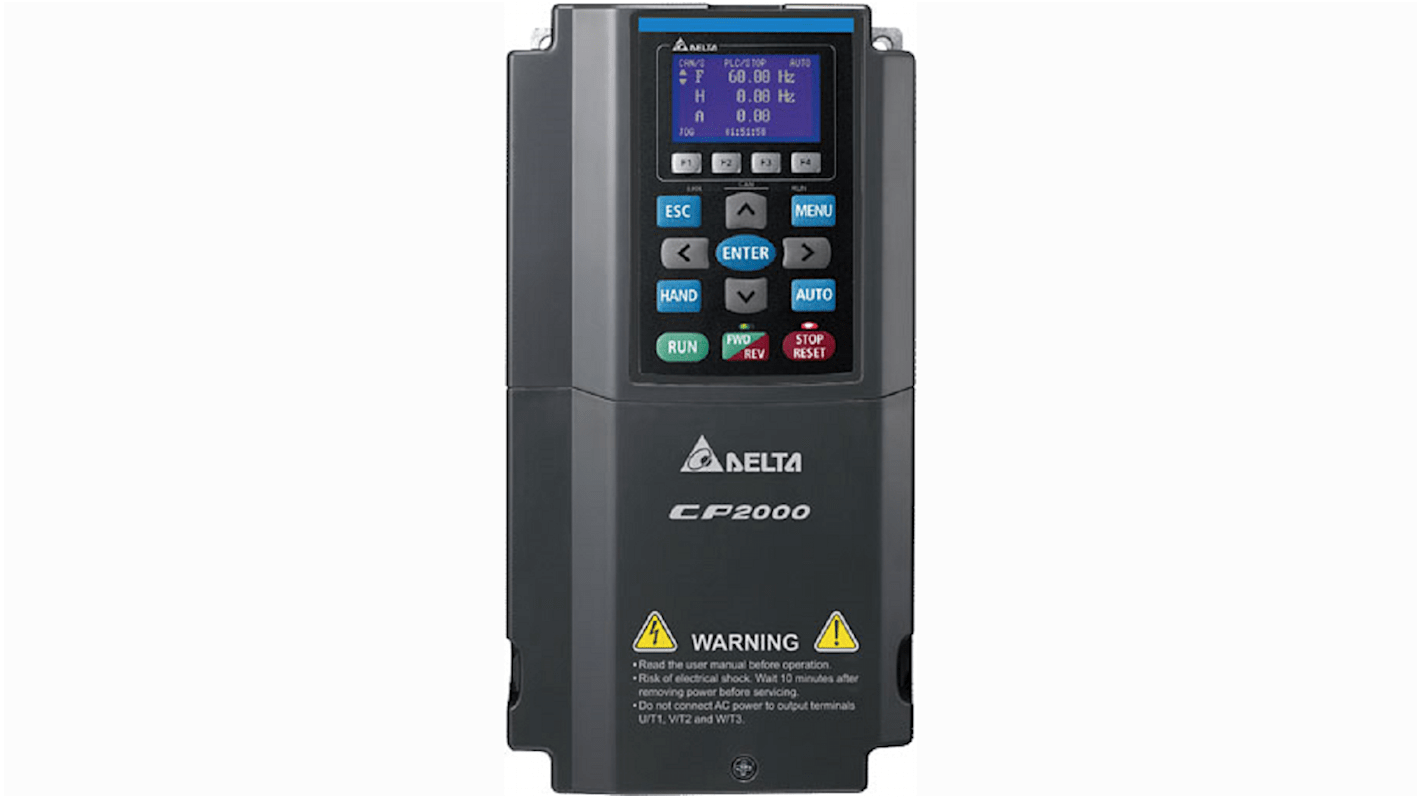 Avviatore a velocità variabile Delta Electronics VFD022CP4EB21, 2,2 kW, 460 V, IP55, per motori CA in HVAC e pompe.