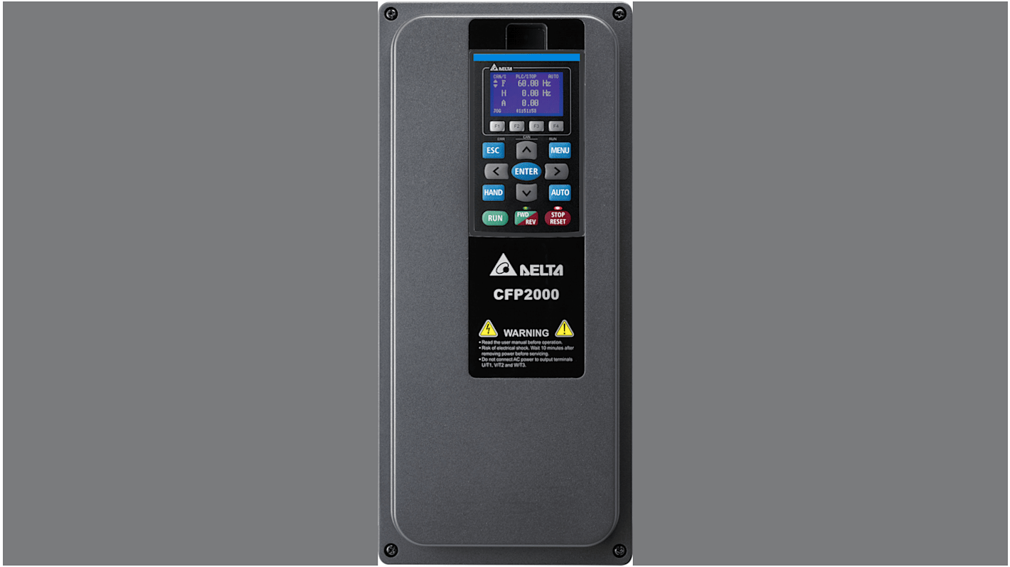 Avviatore a velocità variabile Delta Electronics VFD022FP4EA-52, 2,2 kW, 460 V, IP55, per motori CA in applicazioni HVAC.