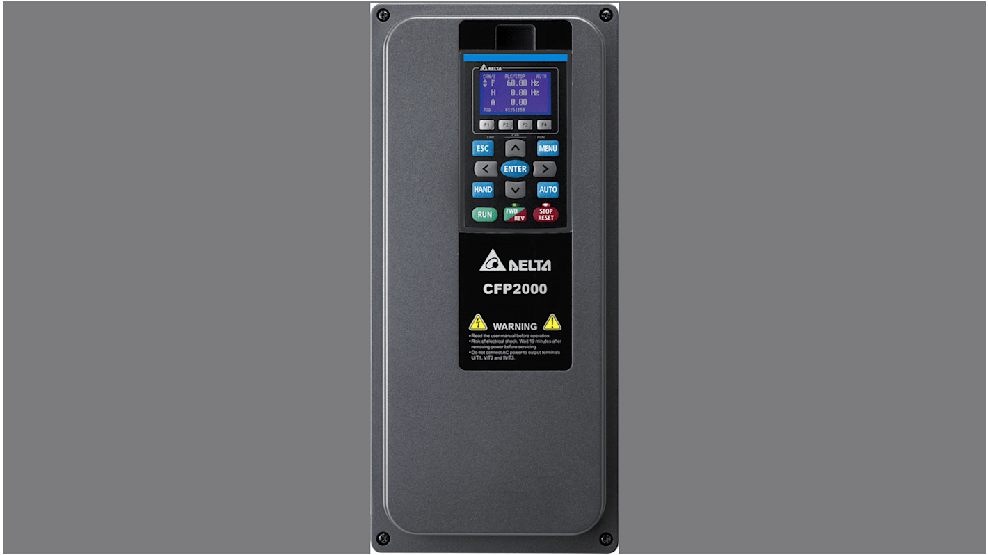 Avviatore a velocità variabile Delta Electronics VFD040FP4EA-52, 4 kW, 460 V, IP55, per motori CA in applicazioni HVAC.