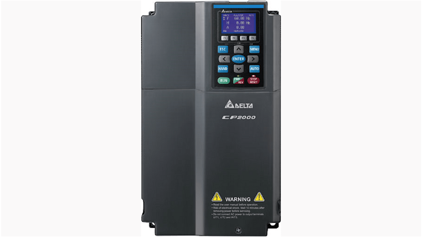 Avviatore a velocità variabile Delta Electronics VFD185CP4EB21, 18,5 kW, 460 V, IP55, per applicazioni HVAC e pompe.