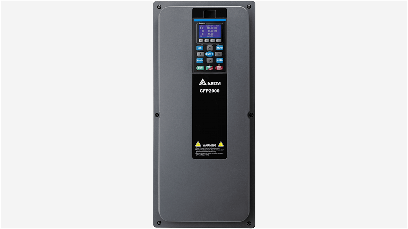 Delta Electronics VFD185FP4EA-52, avviatore a velocità variabile per motori CA, potenza 18,5 kW, IP55, progettato per HVAC.