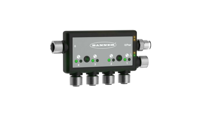 Kit IO-Link Banner DXMR90-4K, controllore con 4 porte, grado di protezione IP67, compatto e personalizzabile.