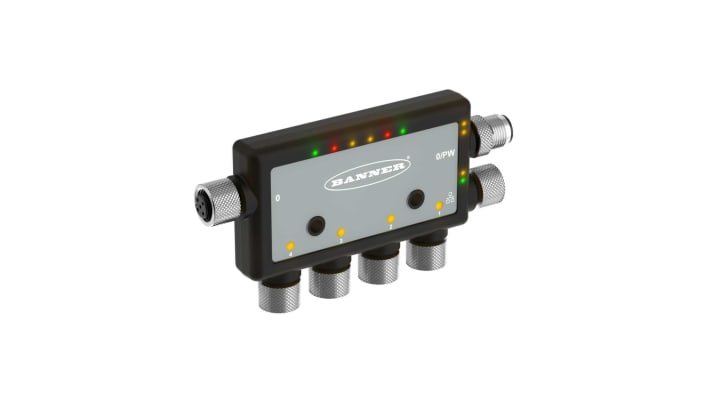 Kit Modbus Banner DXMR90-X1, controllore per IoT industriale con quattro porte master, alloggiamento IP 67, connessione Ethernet.