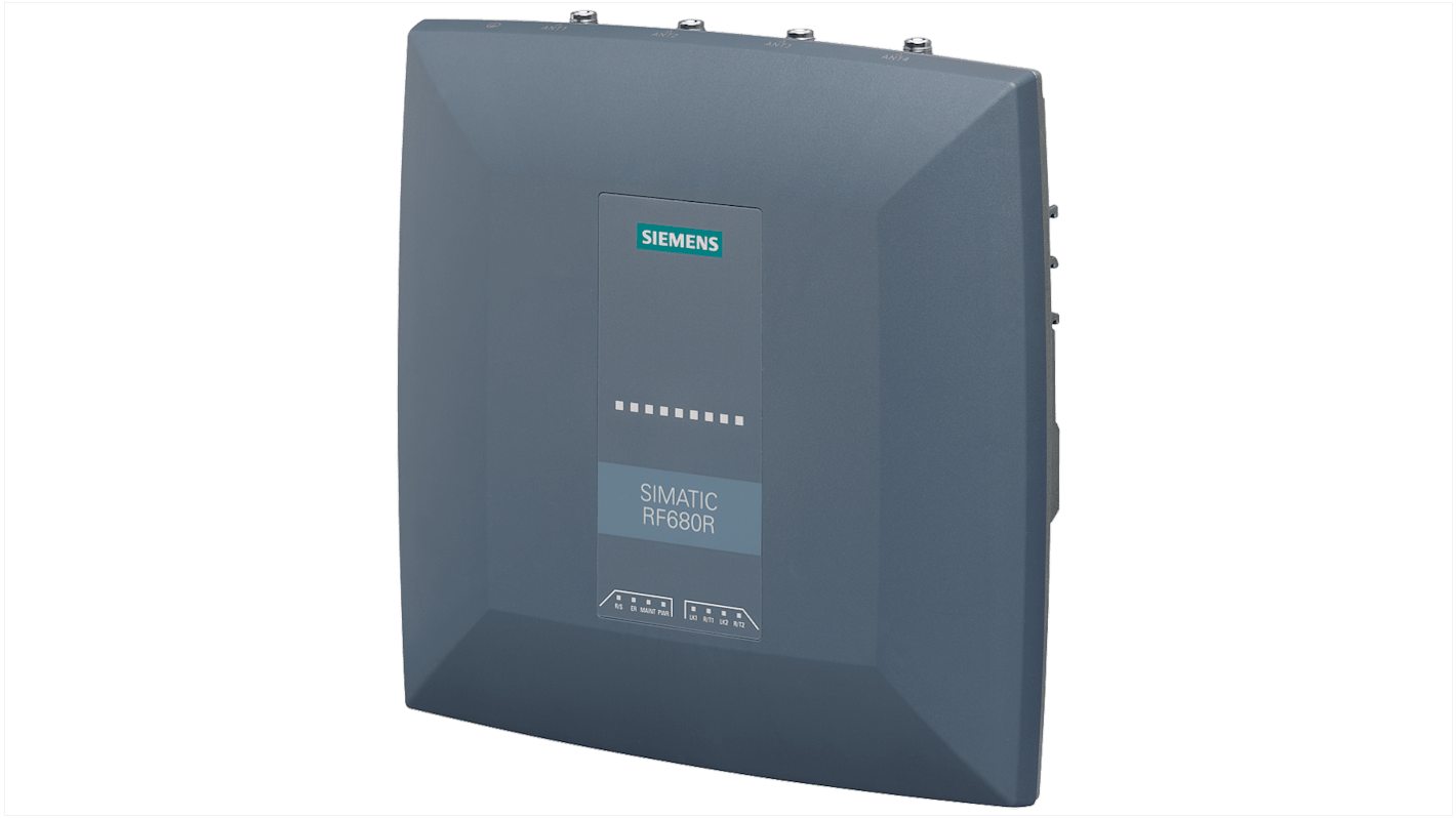 Lettore RFID fisso Siemens 6GT2811-6AA10, distanza di lettura 8000 mm, alimentazione 24 V CC, grado di protezione IP65.