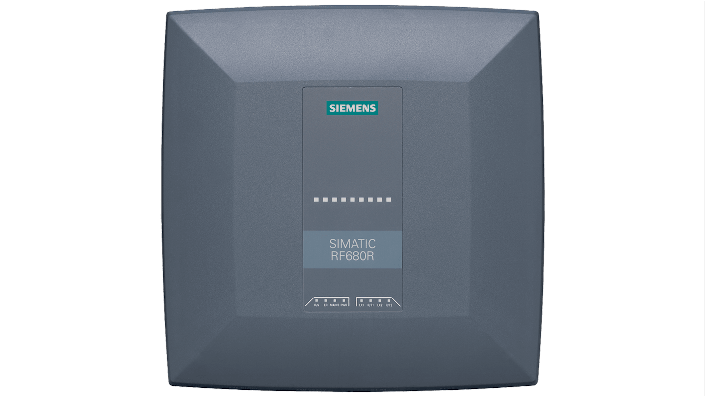 Lettore RFID fisso Siemens 6GT2811-6AA10, distanza di lettura 8000 mm, interfaccia Ethernet M12, grado di protezione IP65.