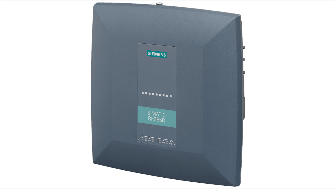 Lettore RFID fisso Siemens 6GT2811-6CA10, alimentazione 24 V, distanza di lettura 8000 mm, grado di protezione IP65.