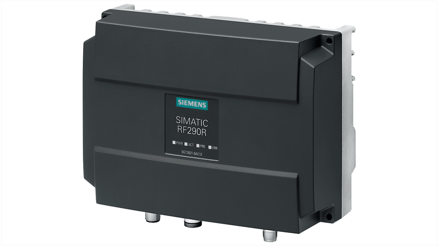 Lettore RFID fisso Siemens 6GT2821-0AC12, distanza di lettura 650 mm, alimentazione 24 V, corrente 500 mA.