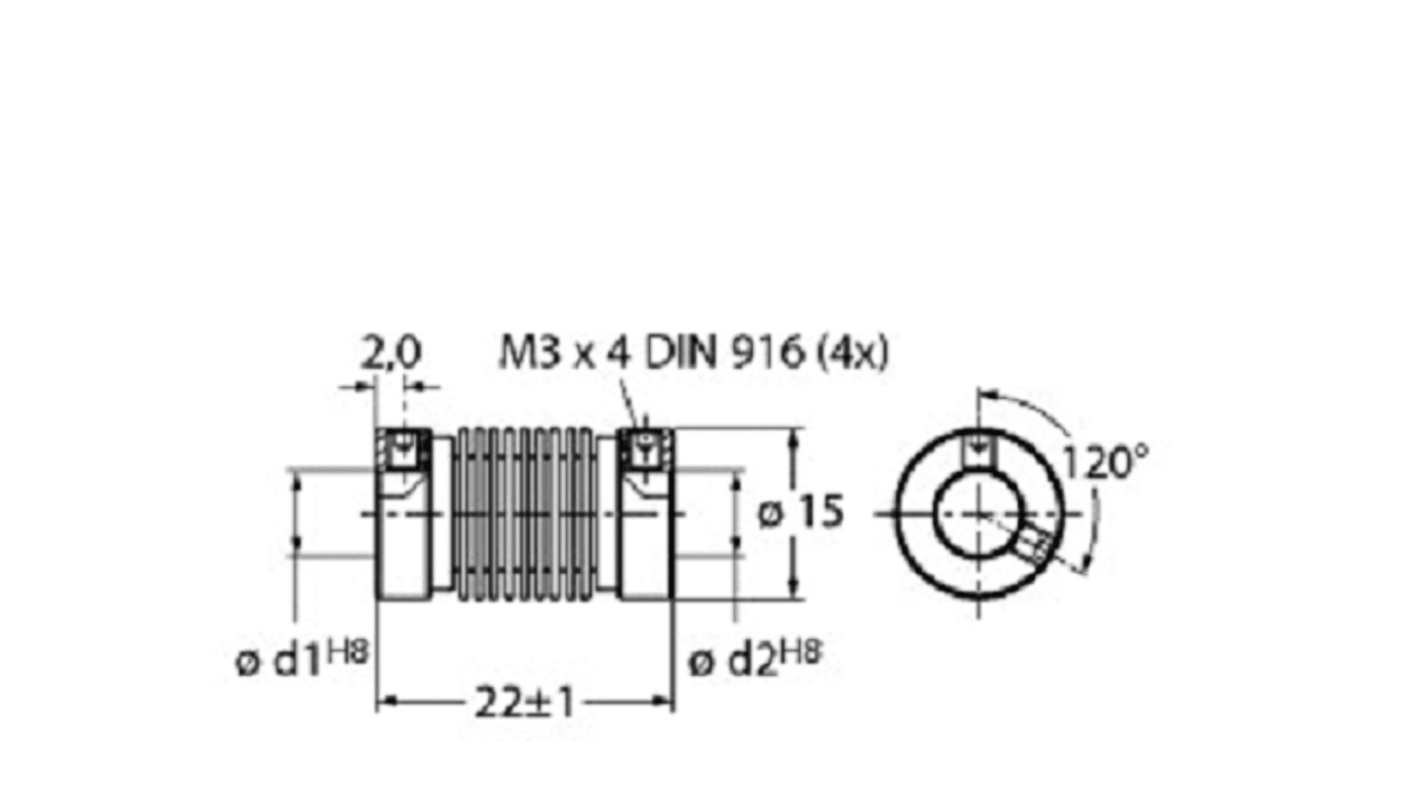 Accoppiamento Turck RCS-15-06-06, giunto a soffietto 22mm, diametro 15mm, foro 6mm, per encoder ad albero pieno.