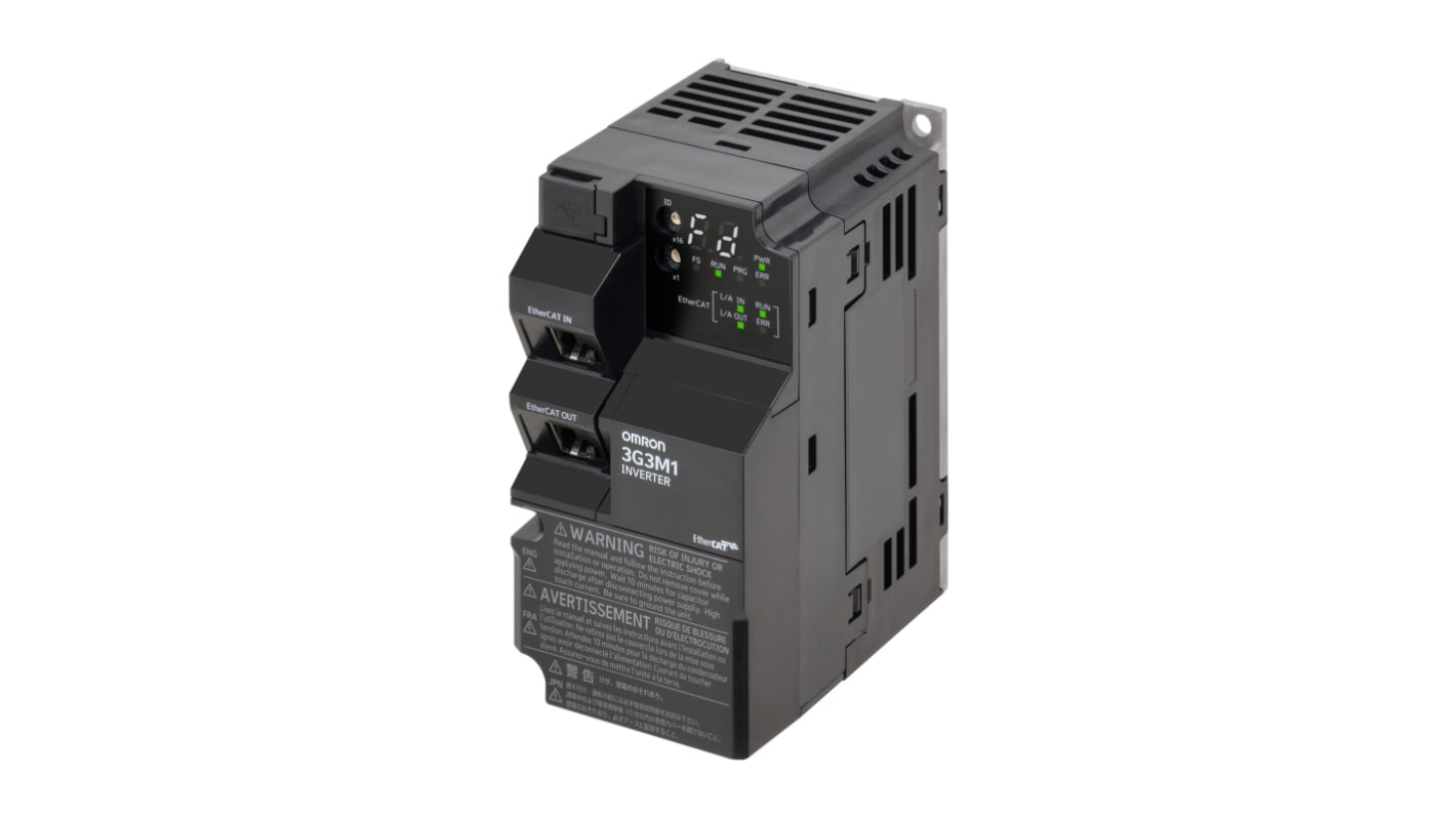 Avviatore a velocità variabile Omron 3G3M1-A2004-ECT, potenza 0,2-18,5 kW, tensione 200 V CA, controllo coppia, encoder integrato.