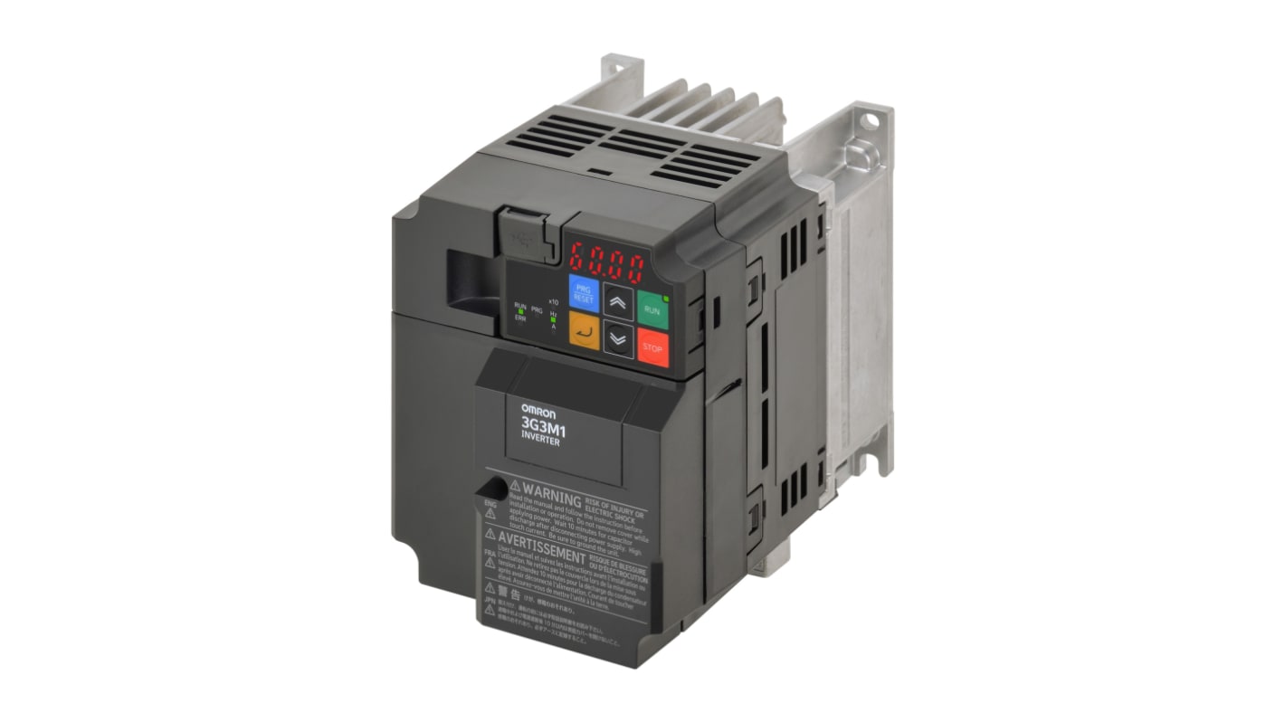 Avviatore a velocità variabile Omron 3G3M1-A4015, potenza 0.4-22 kW, tensione 400 V CA, controllo di coppia e encoder integrato.