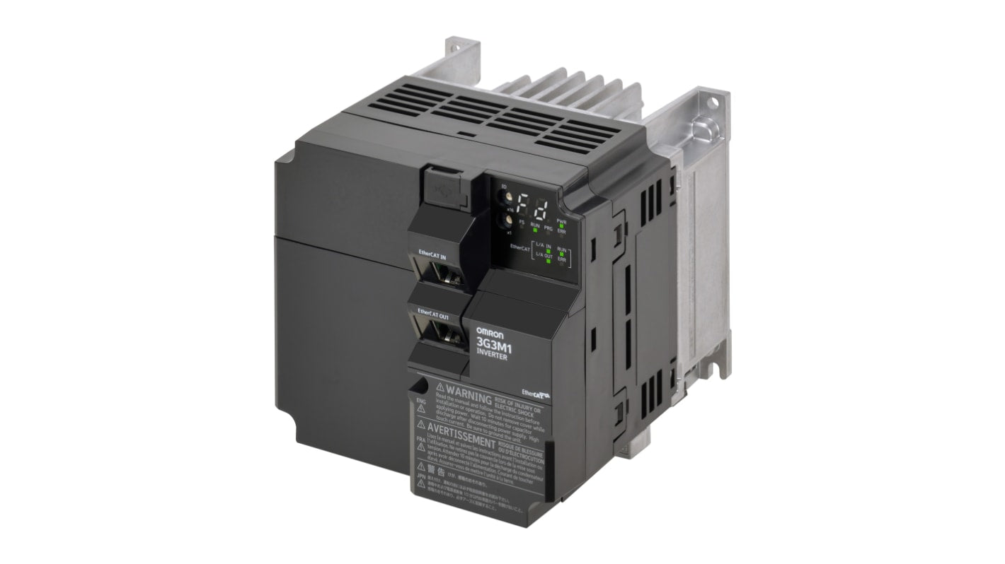 Avviatore a velocità variabile Omron 3G3M1-AB022-ECT, potenza 0,2-3,7 kW, tensione 200 V CA, corrente 12 A, con encoder integrato.