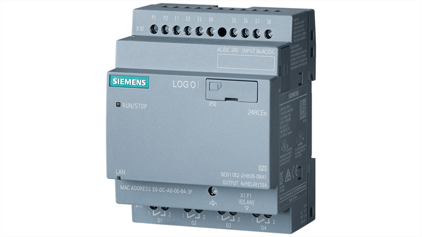 CPU PLC LOGO! 6ED1052-2HB08-0BA2 Siemens: 8 ingressi, 4 uscite, 24 V DC. Gestione dati industriali, connessione cloud, montaggio DIN.