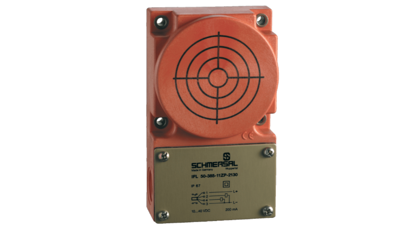 Schmersal IFL 50-385-11P-2130, sensore induttivo PNP con gamma di rilevamento 50 mm, grado di protezione IP67.