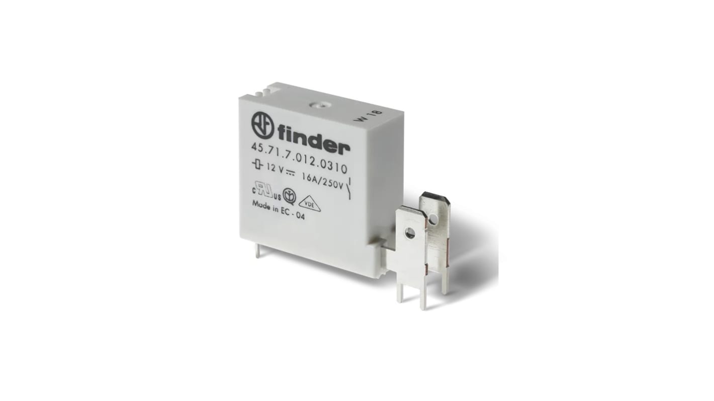 Relè di potenza Finder SPDT, 24V cc, montaggio su PCB, corrente 16A, isolamento rinforzato, max 125°C.