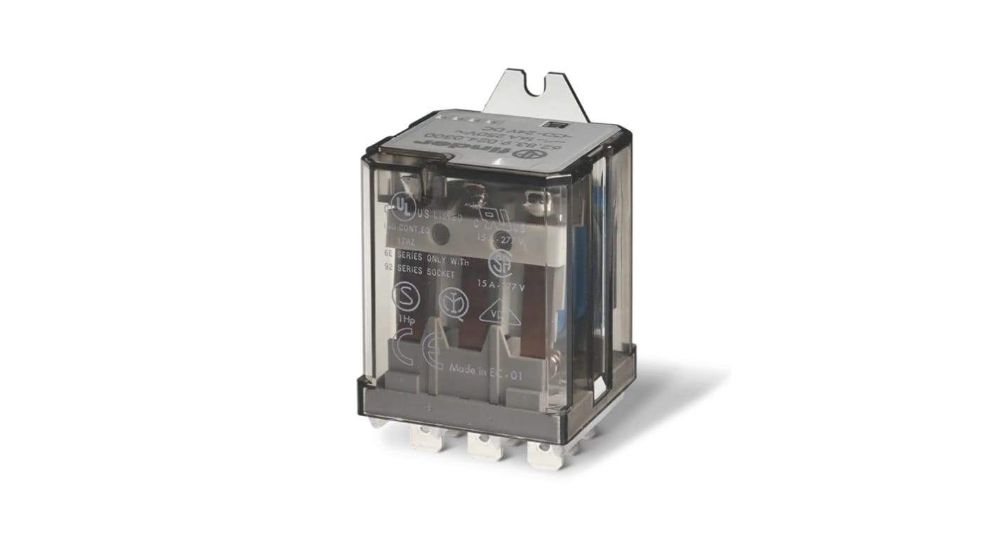 Finder 628382304000, relè di potenza DPDT 230V cc, montaggio su flangia, corrente di commutazione 16A.