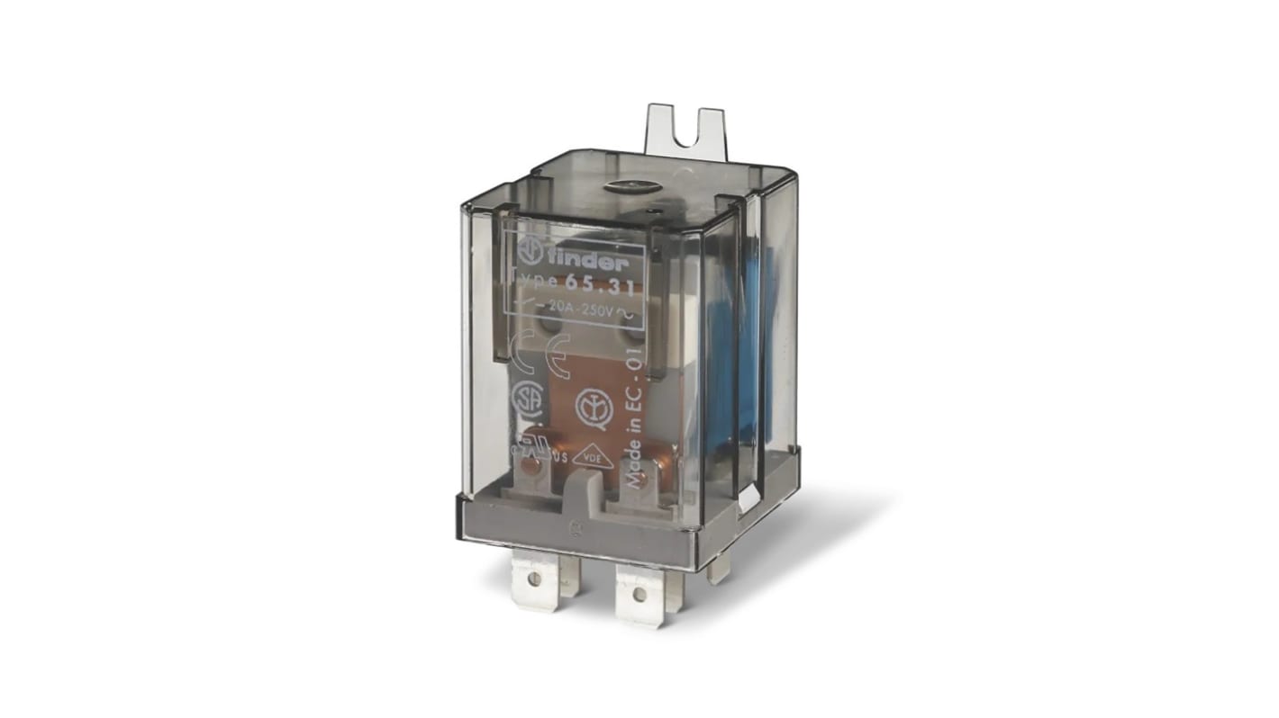 Relè di potenza Finder SPST, montaggio su flangia, bobina 24V cc, corrente di commutazione 30A, contatto nominale 20A.