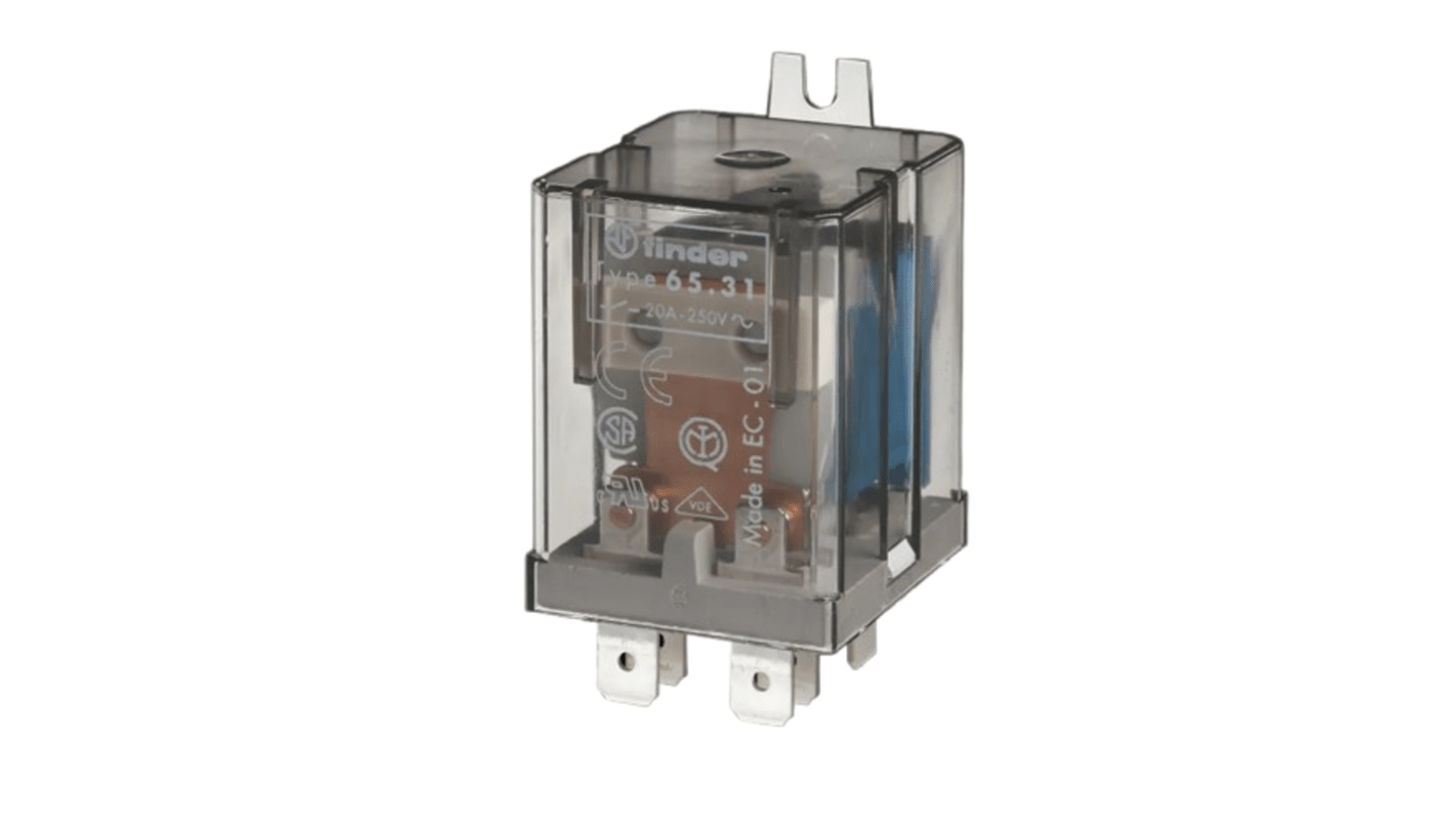 Relè di potenza Finder SPDT, montaggio su flangia, bobina 48V cc, contatto 20 A, corrente di picco 120 A.