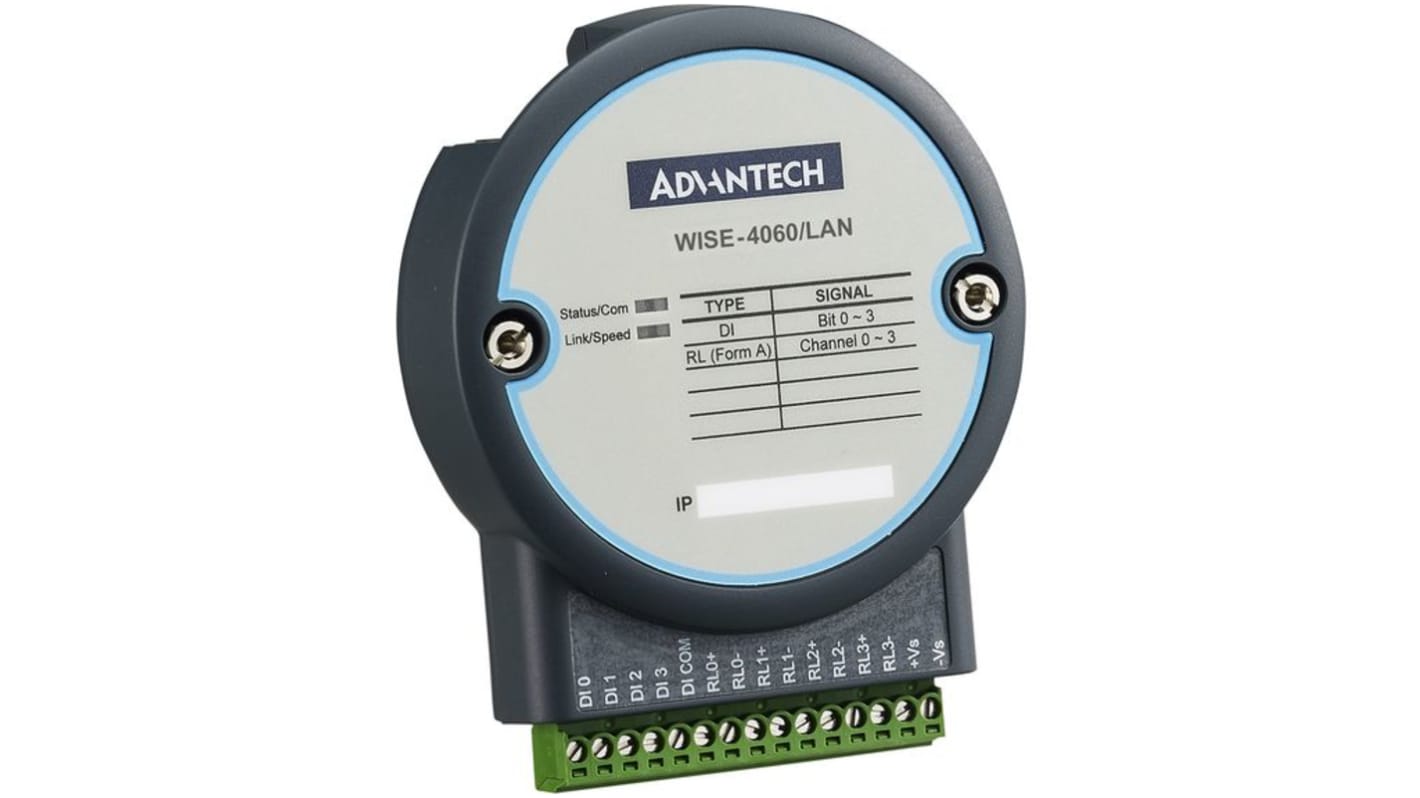 Modulo I/O Ethernet Advantech WISE-4060/LAN per applicazioni IoT, 4 ingressi digitali, 4 uscite relè, alimentazione 10-30 V CC.