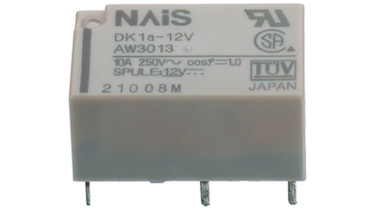 Relè di potenza Panasonic DK1A-24V-F, SPST, 10A, montaggio su circuito stampato, bobina 24V cc, struttura sigillata.