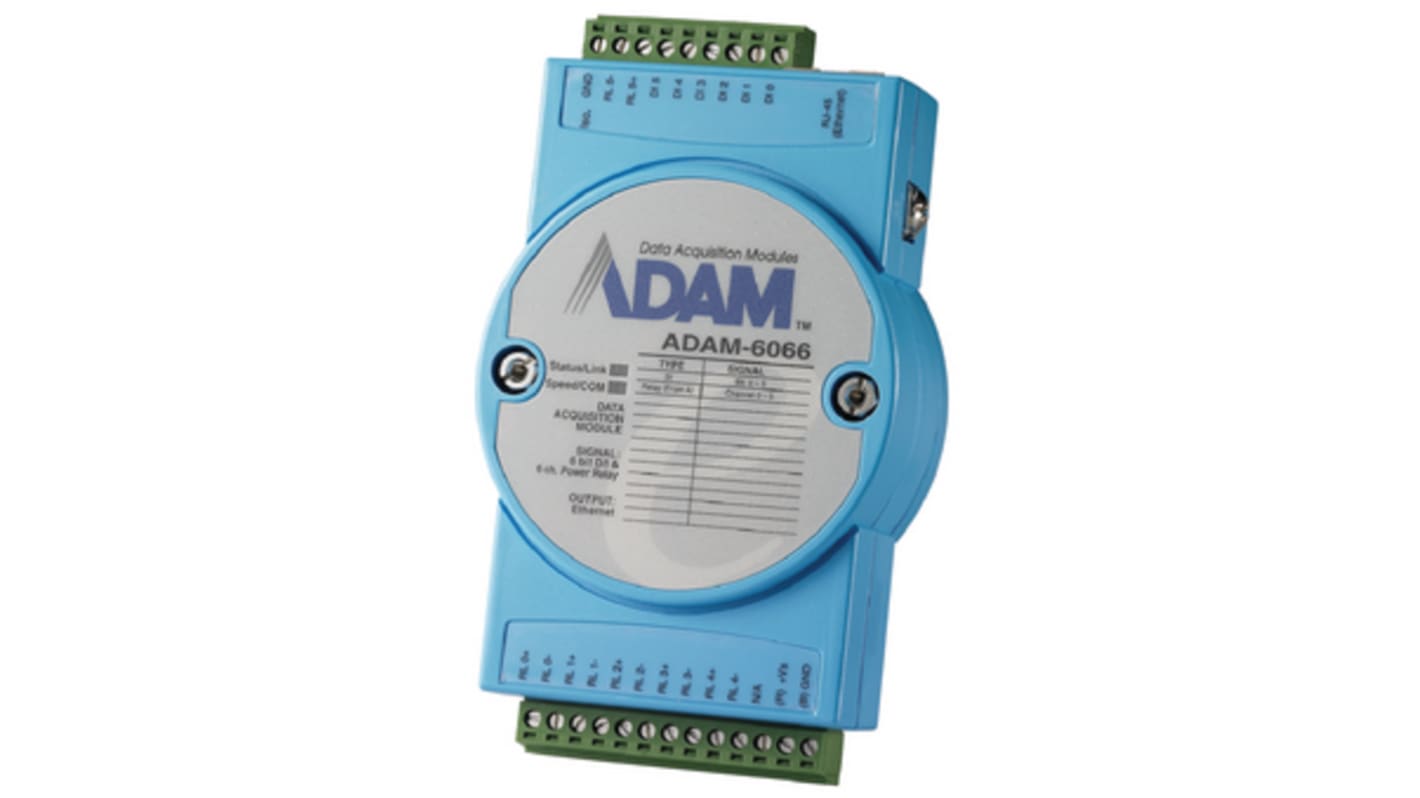 Modulo relè digitale Advantech ADAM-6066, 6 ingressi e 6 uscite, alimentazione 30 V, supporta Modbus TCP per applicazioni industriali.