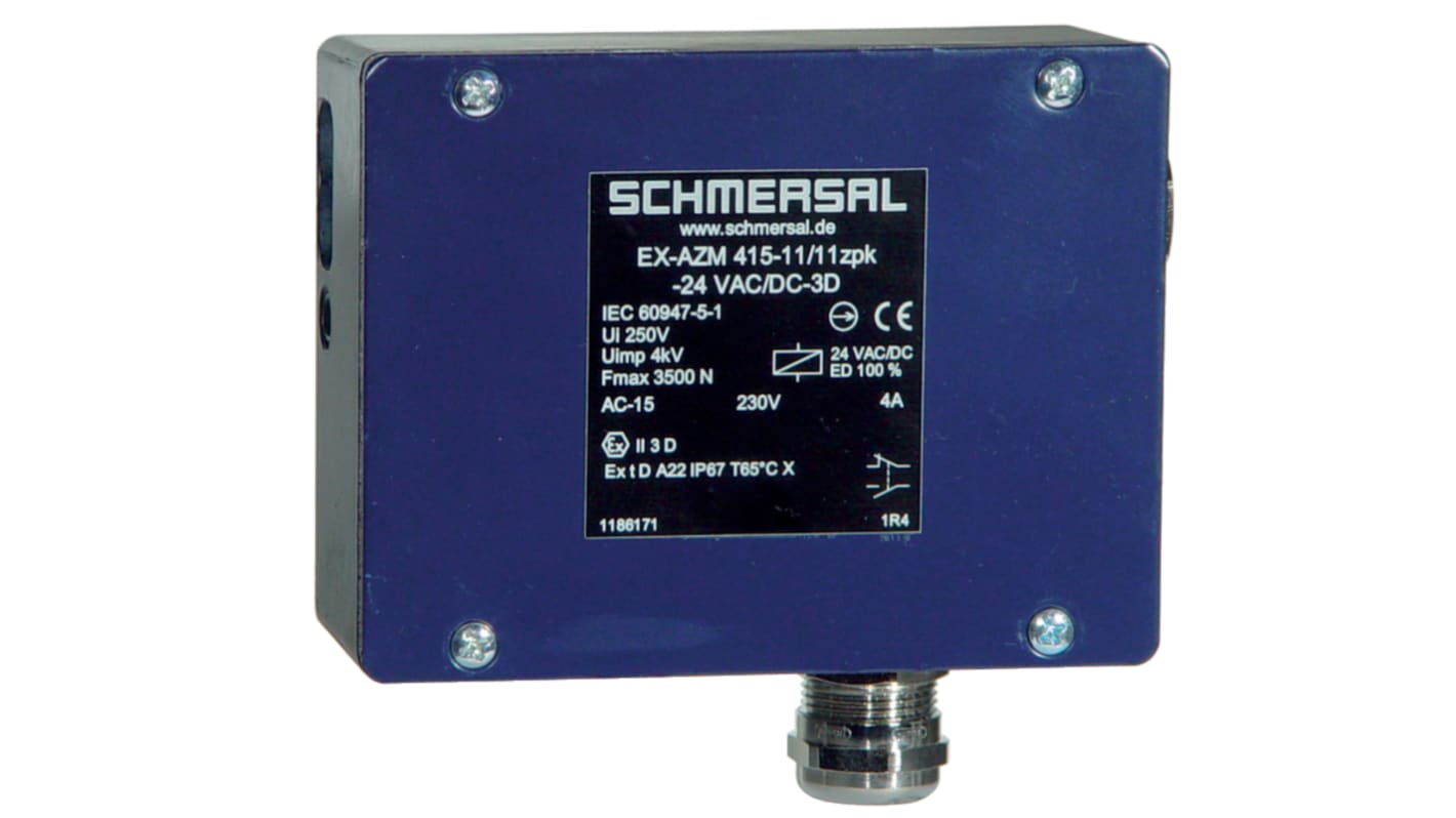 Interruttore di interblocco a solenoide Schmersal EX-AZM 415, 24V, custodia metallica, configurazione 1NC/1NA.