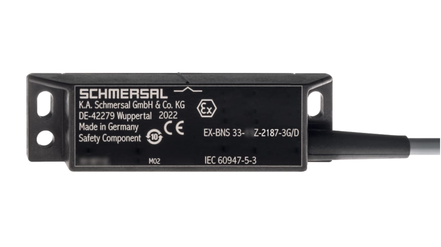 Interruttore di sicurezza Schmersal EX-BNS33-12Z-2187-3G/D-10M, senza contatto, 24V cc, custodia in termoplastico, IP67, dimensioni 37mm x 15mm.
