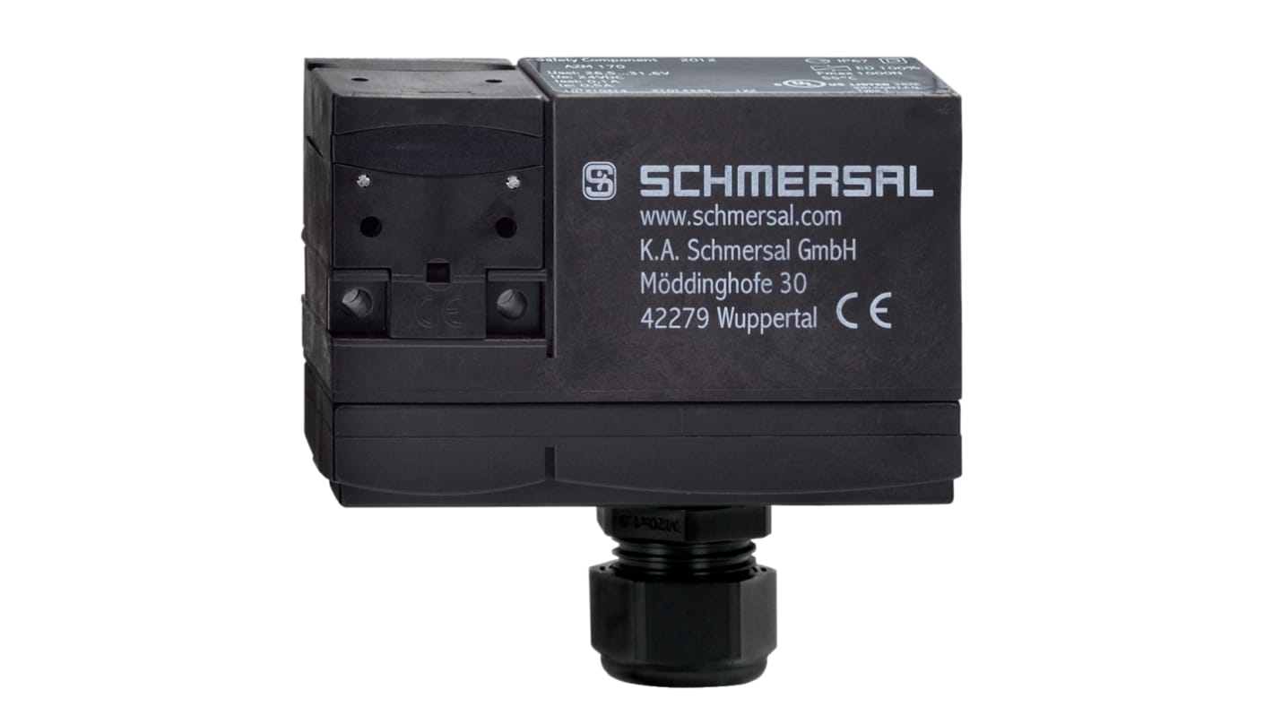 Interruttore di interblocco a solenoide Schmersal EX-AZM 170, 24V, custodia termoplastica, configurazione NC, sblocco manuale.