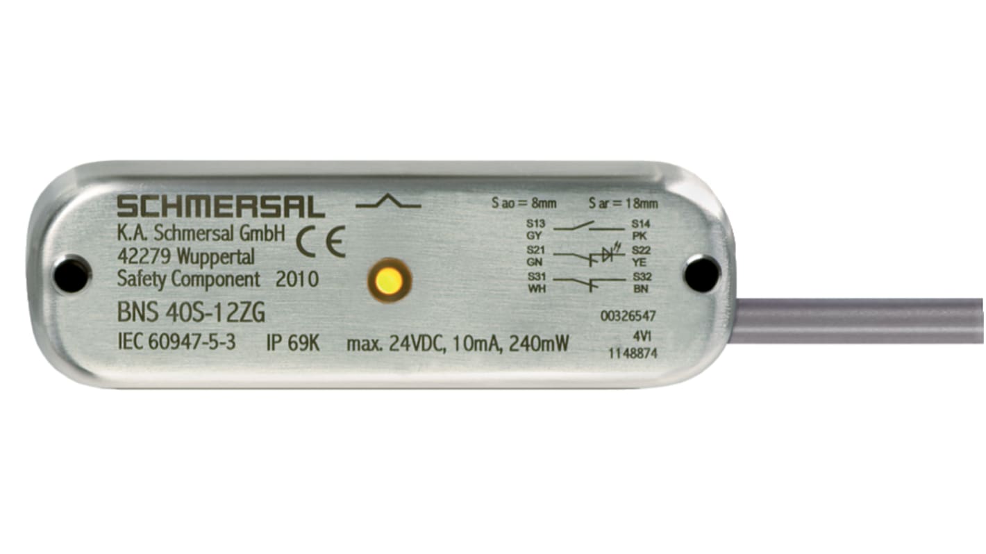 Interruttore di sicurezza Schmersal EX-BNS40S-12, senza contatto, custodia in acciaio inox, protezione IP67, dimensioni 37mm x 15mm.