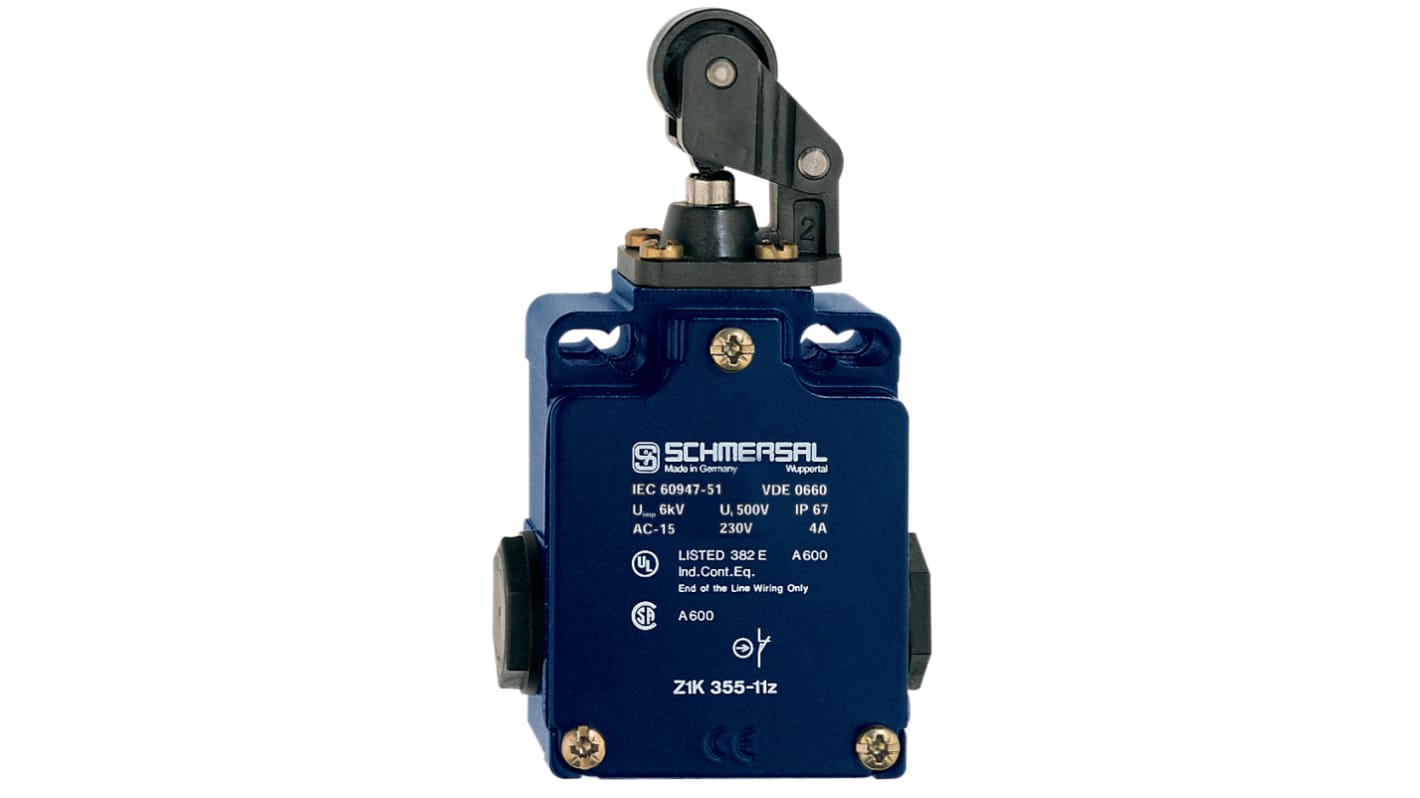Interruttore di interblocco di sicurezza Schmersal EX-Z1K 355-11Z-3G/D, con leva a rullo, IP67, 1 contatto ausiliario, 1 contatto di sicurezza.