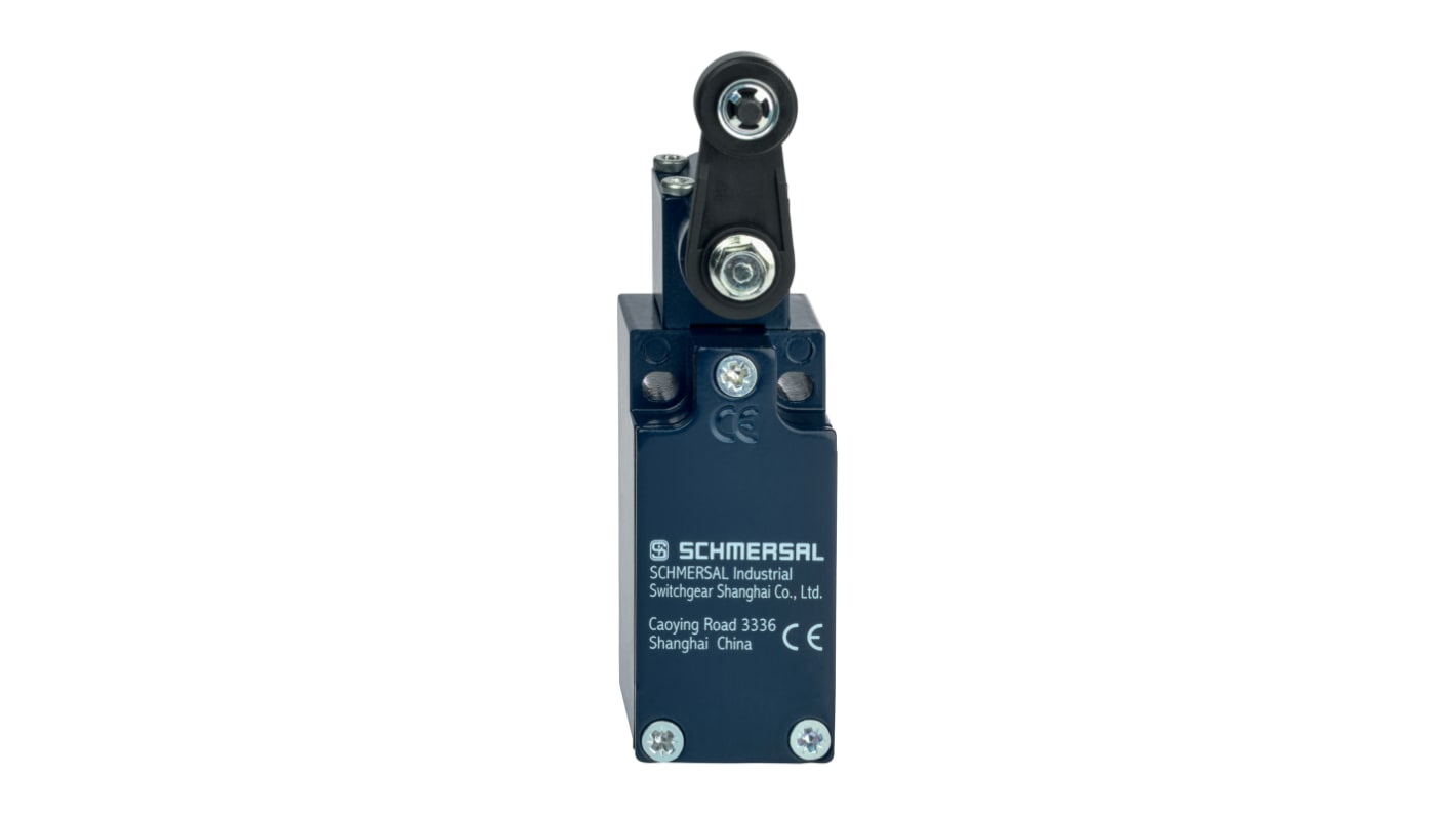 Schmersal EX-ZV1H 235-11Z-3D, attuatore a leva a rullo con protezione IP67, 1NA/1NC, tensione 230V, corrente massima 4A.