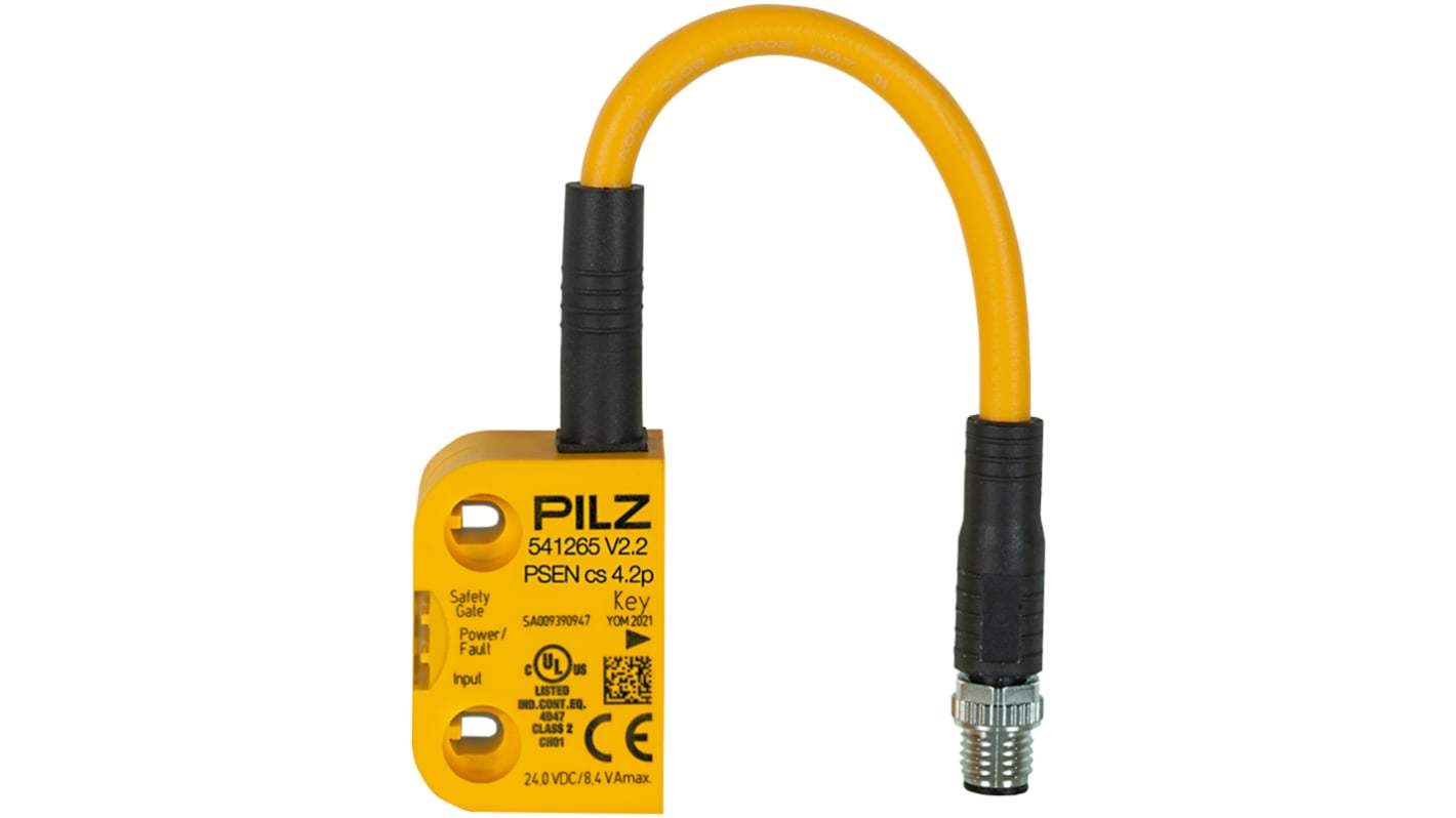 Interruttore di sicurezza senza contatto Pilz 541265, 24V cc, con attuatore magnetico e protezione IP67, dimensioni 15mm x 37mm.