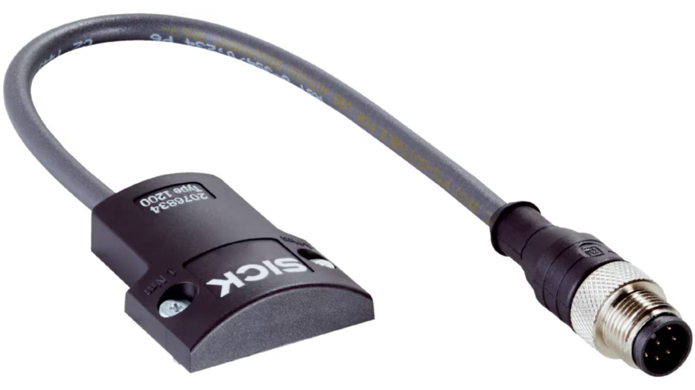 Sensore Sick 1200 per tende leggere, barriera fotoelettrica con connettore M12, lunghezza cavo 200mm, operante da -30 a +55°C.