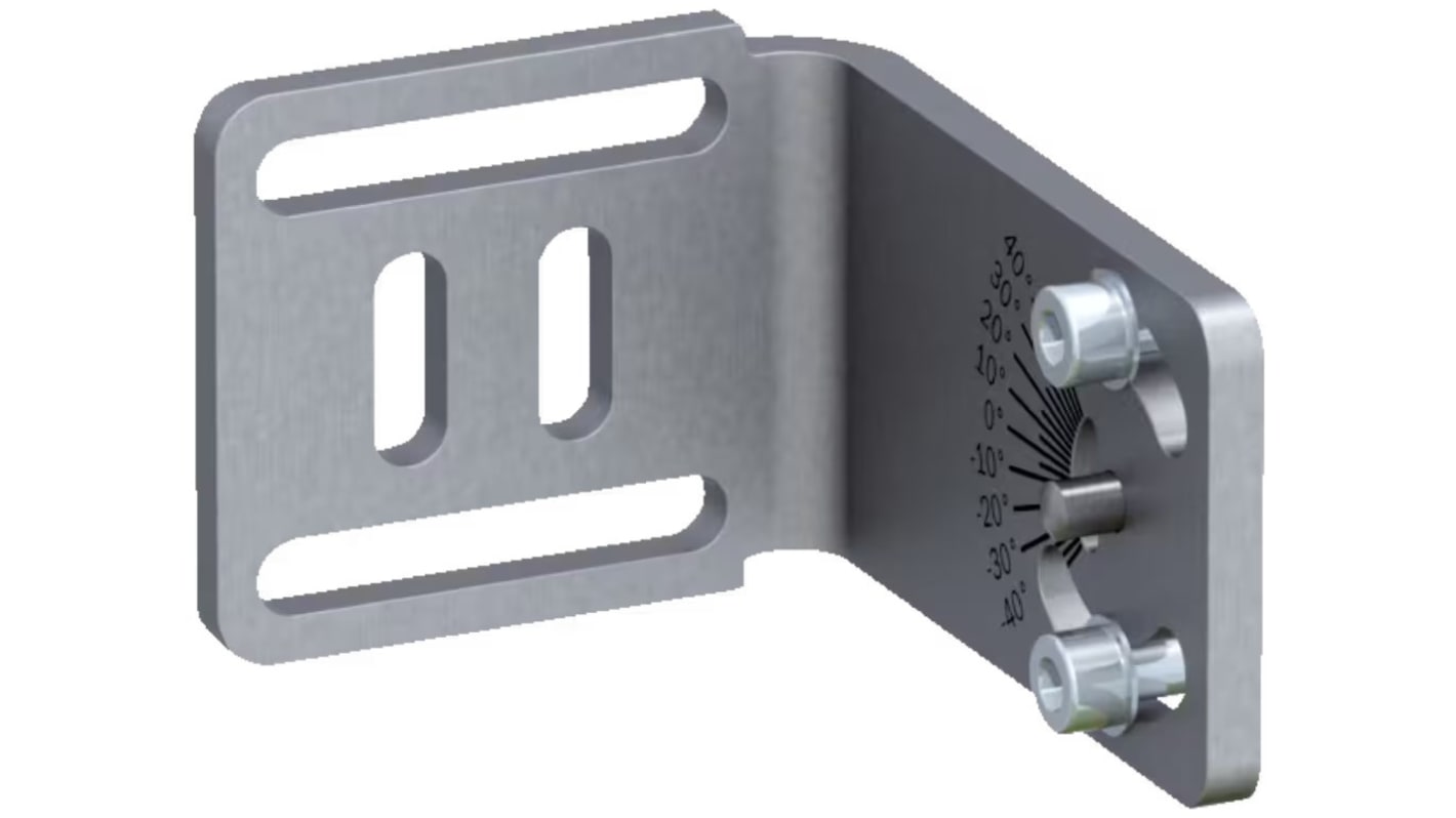 Staffa e piastra di montaggio Sick 2078970 per sensori, forma a L, con regolazione angolare e dadi scorrevoli per un montaggio sicuro.