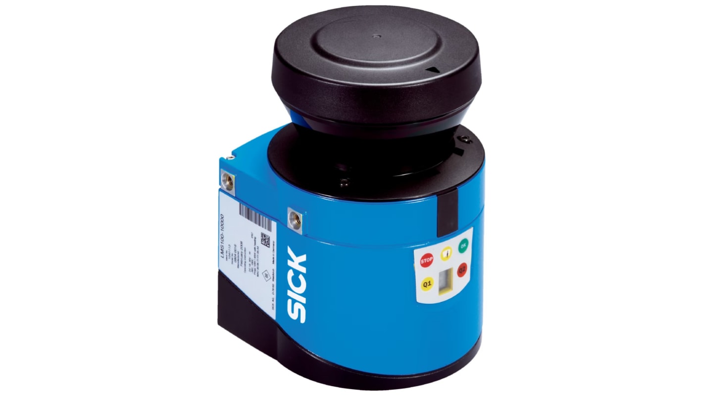 Sick LMS100-10000, scanner laser di sicurezza LIDAR 2D, campo 0,5-20 m, custodia IP65, dimensioni 105 x 102 x 152 mm.