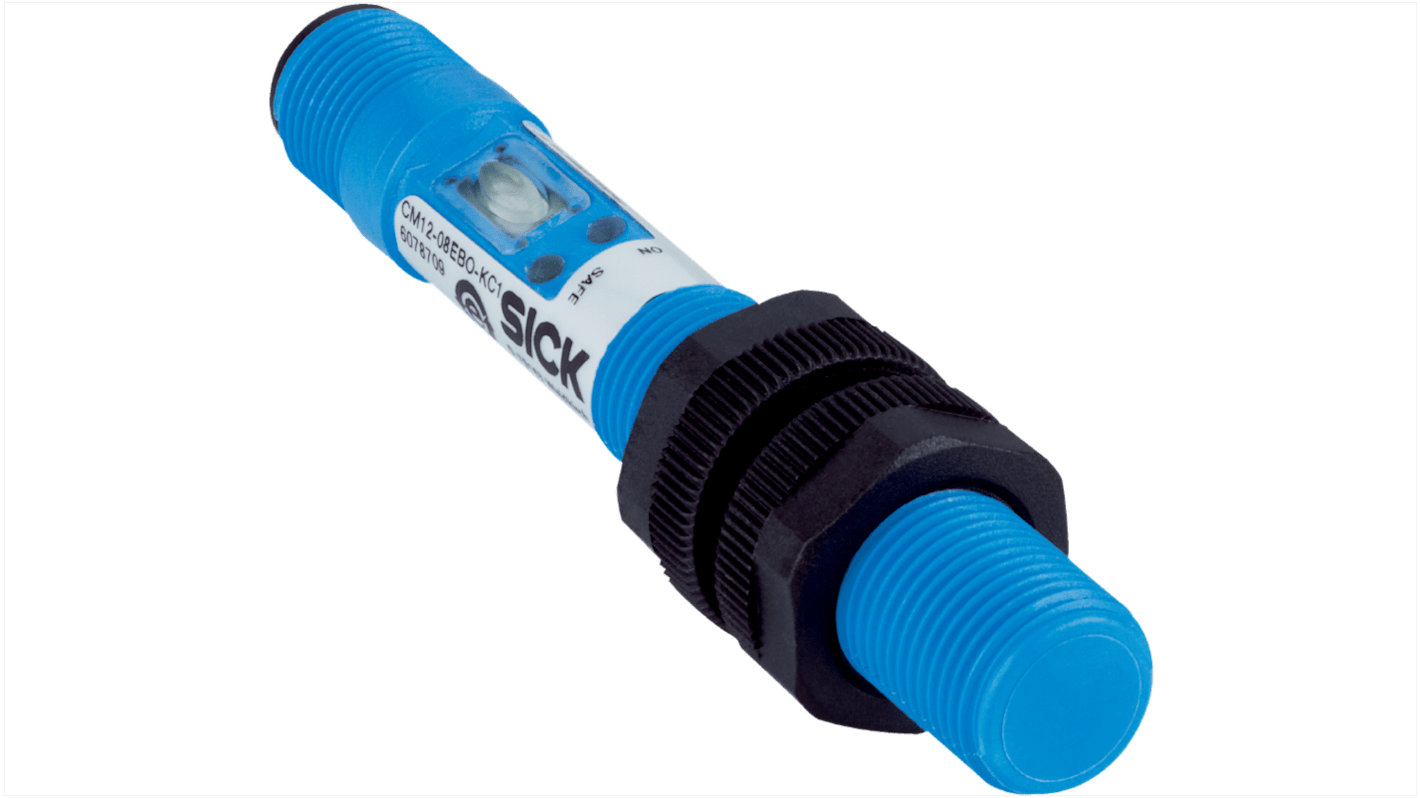 Sensore capacitivo cilindrico Sick CM12-08EBO-KC1, PNP/NPN, M12, rilevamento 0,5-8 mm, IP68, montaggio a filo.