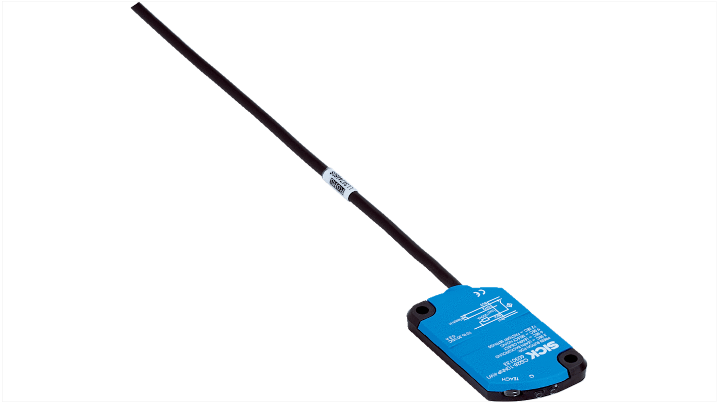 Sensore capacitivo rettangolare Sick CQ28-10NPP-KW1S05, uscita PNP, rilevamento 1-10 mm, IP68, dimensioni 46x28x5.5 mm.