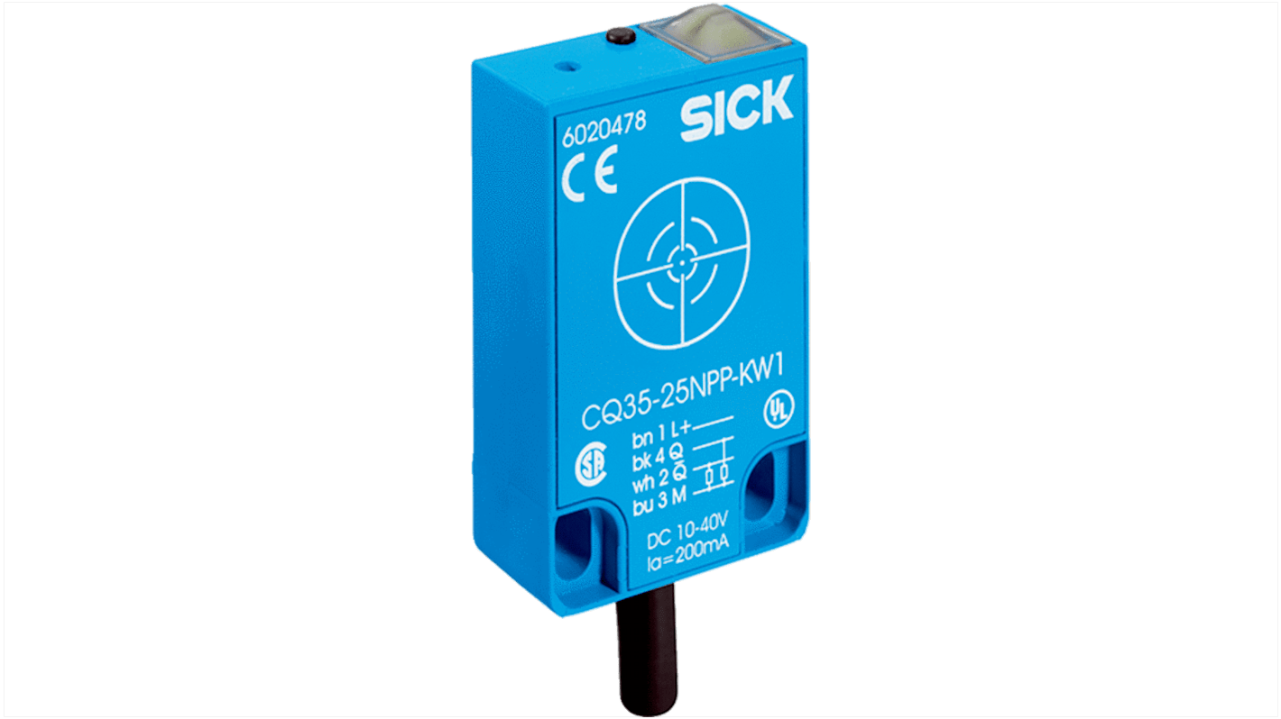 Sensore capacitivo rettangolare Sick CQ35-25NNP-KW1, uscita NPN, rilevamento 4-25 mm, IP67, dimensioni 69.5x35x15 mm.