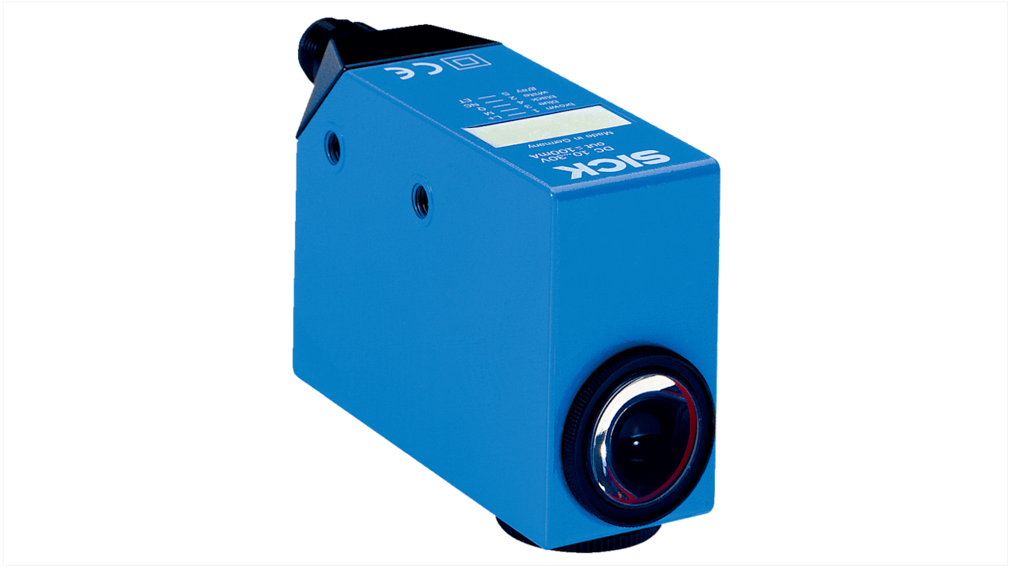 Sensore di colore Sick CS84-P1112, Led RGB, rilevamento 12,5 mm, uscita PNP, grado di protezione IP67, montaggio su circuito stampato.