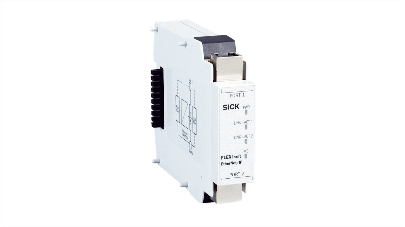 Sick FX0-GENT00030, controller di sicurezza modulare UE410, IP20, dimensioni 22,5 x 96,5 x 120,8 mm, connettori RJ-45.