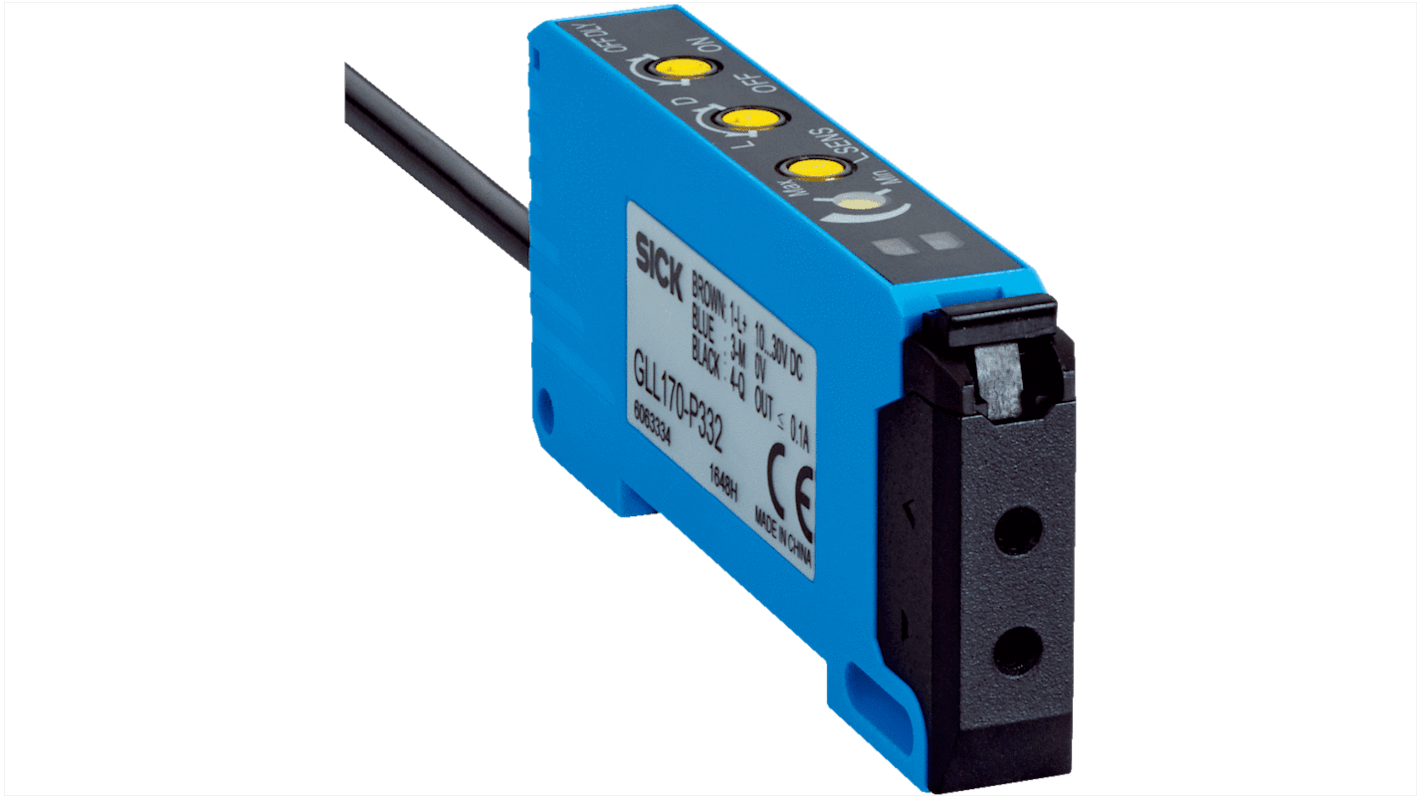 Sensore Sick GLL170-P332S03 per fibre ottiche PNP, IP66, 10-30 V CC, 72,5 x 33,1 x 10 mm, montaggio su circuito stampato.