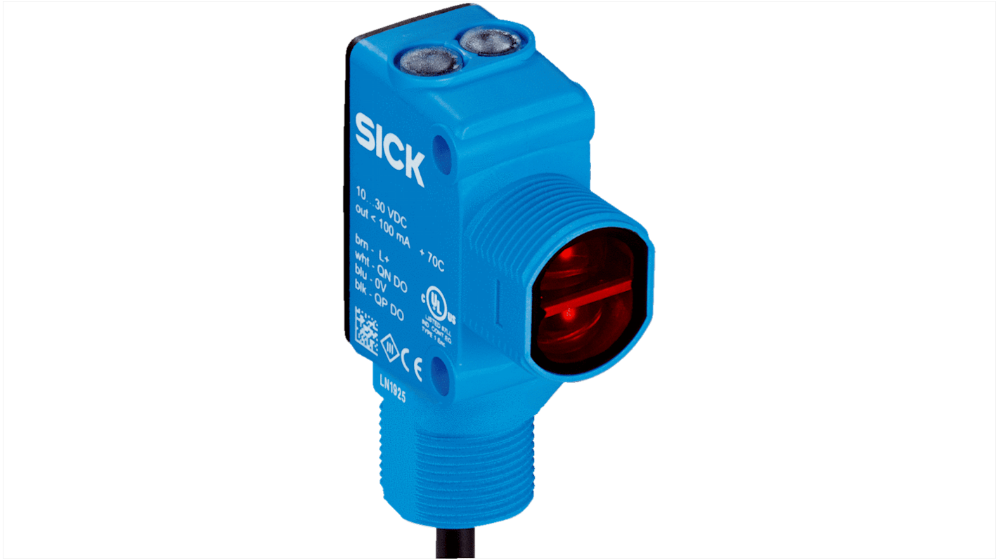 Sensore fotoelettrico rettangolare Sick HL18BL-P3B5BAS21, rilevamento fino a 12 m, montaggio a pannello, grado di protezione IP67.