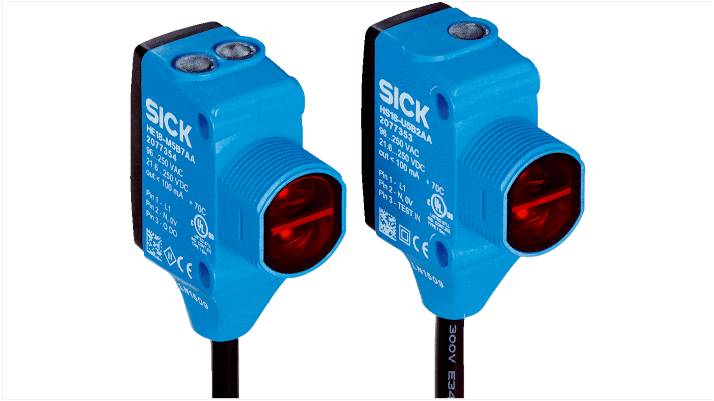 Sensore fotoelettrico rettangolare Sick HSE18-M5B2AA, rilevamento fino a 25 m, uscita MOSFET, montaggio a pannello, IP67.