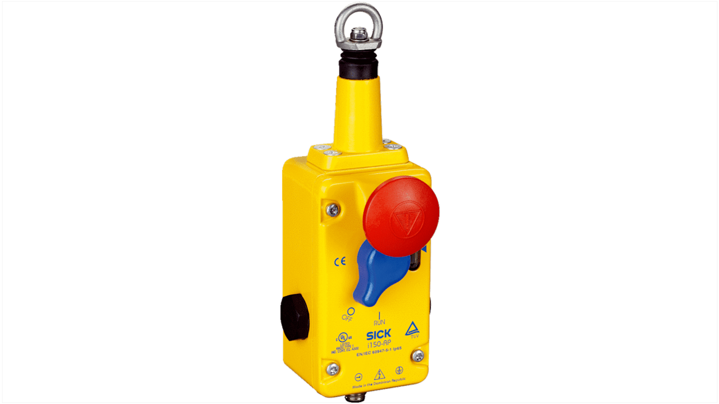 Interruttore a fune Sick i150-RP224, cavo di 75 m, 2NC, custodia metallica, dimensioni 69 x 203 x 85 mm, protezione IP65.