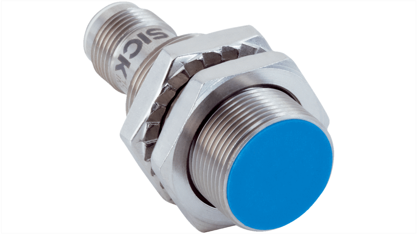 Sensore di prossimità induttivo cilindrico Sick IMB18-08BNOVC0K, M18, NPN, 8 mm, IP68/IP69K, acciaio inox, montaggio a filo.