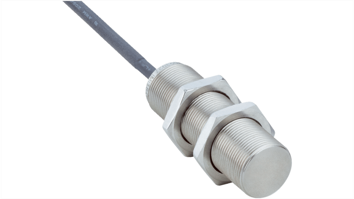 Sensore di prossimità induttivo cilindrico Sick IMI18-08BPSNU2S, M18, 8 mm, PNP, IP68/IP69K, acciaio inox, montaggio a filo.