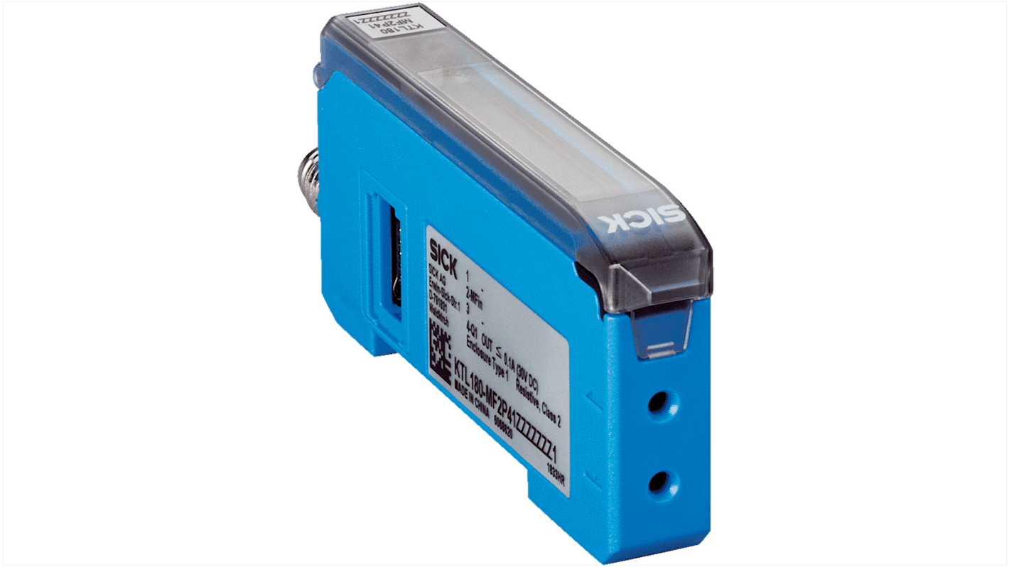 Sensore di contrasto Sick KTL180-MF2P41ZZZZZ, LED bianco, rilevamento 30 mm, uscita PNP, IP50, alimentazione 12-24 V CC.