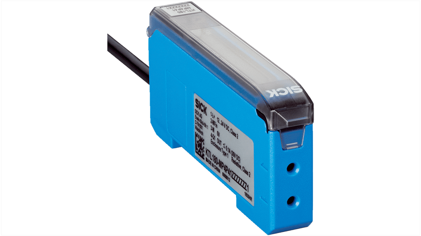 Sensore di contrasto Sick KTL180-MP4P51ZZZZZ, LED bianco, rilevamento 30 mm, uscita PNP, IP50, alimentazione 12-24 V CC.