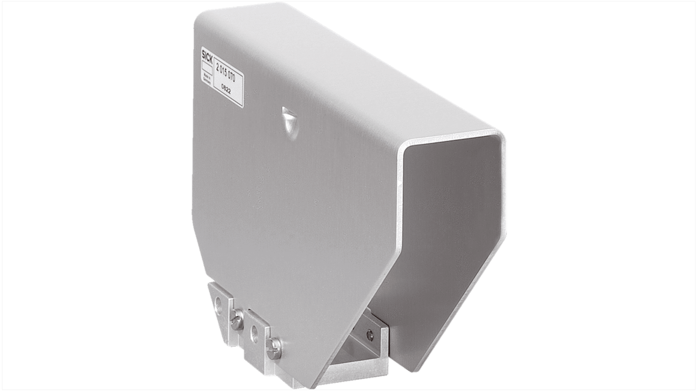 Accessorio di protezione Sick OBW-W24 in alluminio anodizzato, progettato per W24-2, include ferramenta per montaggio.