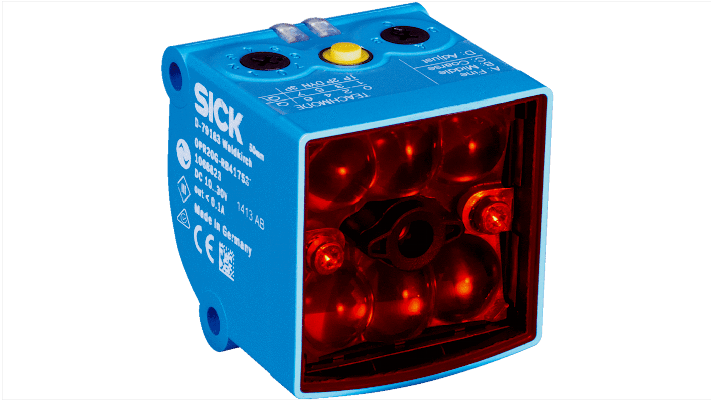 Sensore fotoelettrico rettangolare Sick OPR20G-RB317537, IO-Link, rilevamento 50 mm, montaggio a pannello, grado di protezione IP67.