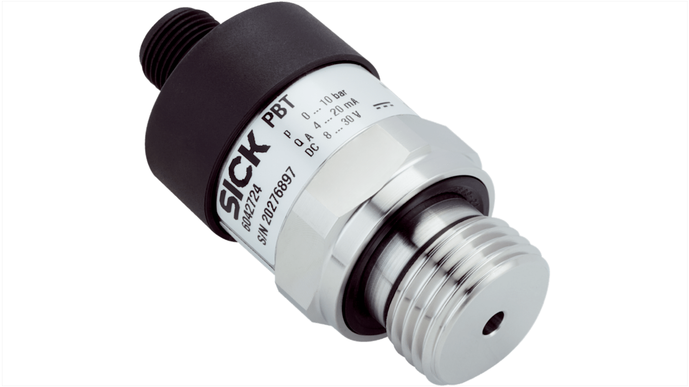 Sensore di pressione relativa Sick PBT-RB016SGTSSNAMA0Z, 16 bar, uscita 4-20 mA, custodia in acciaio inox, IP67.